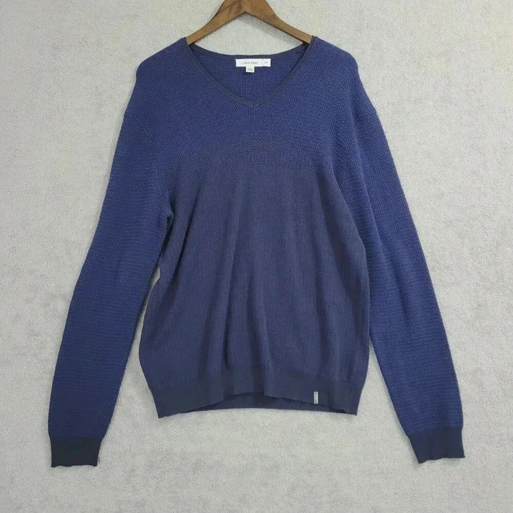 Calvin Klein Mens V-Neck Cotton Pullover Sweater L/G Blue  5PT